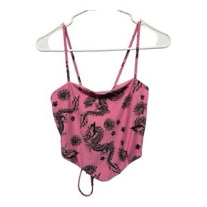 Vintage Y2K Era Rue21 Pink and Black Corset Back Dragon Print Crop Top Size M